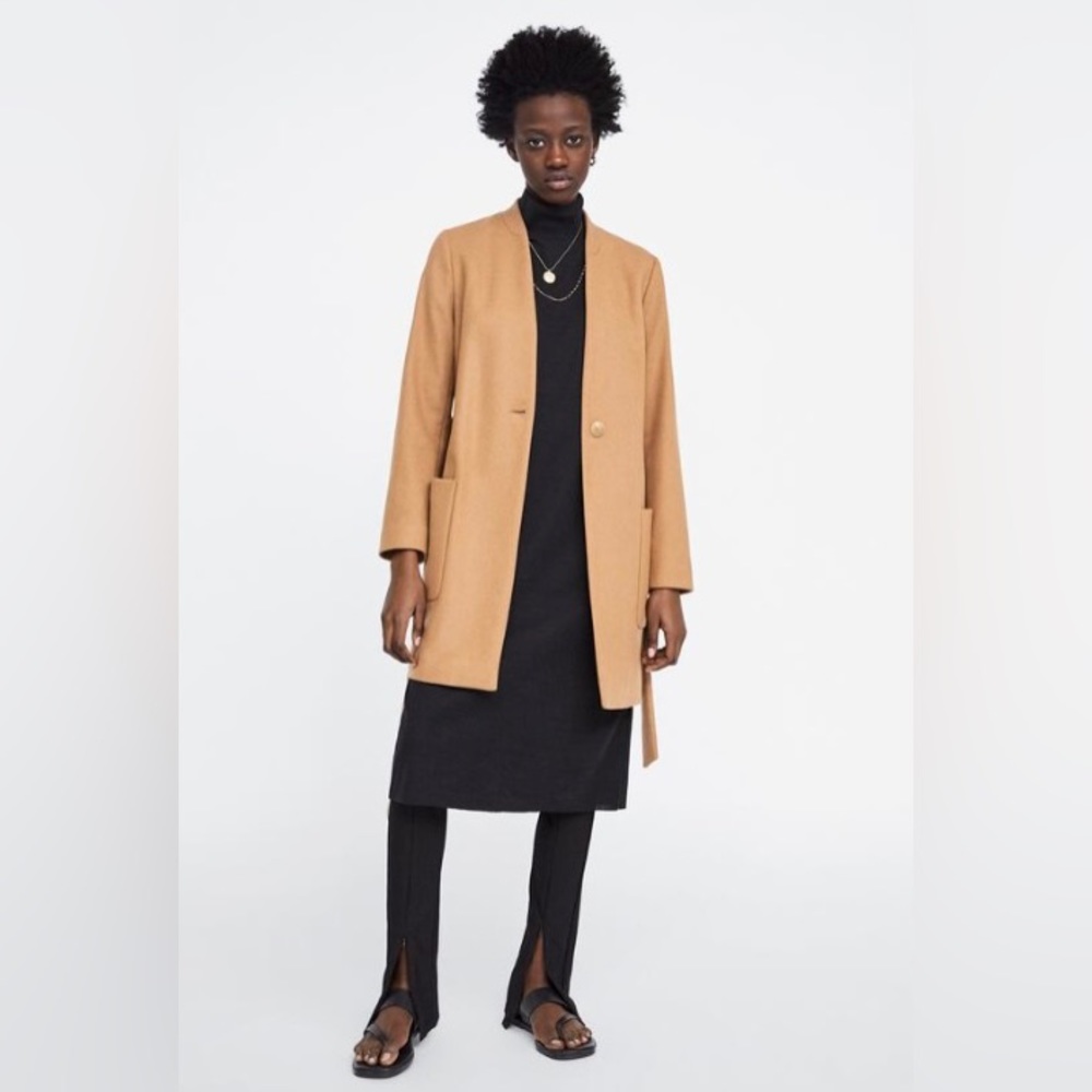 Zara Wool Blend Camel Belted Coat Size Small